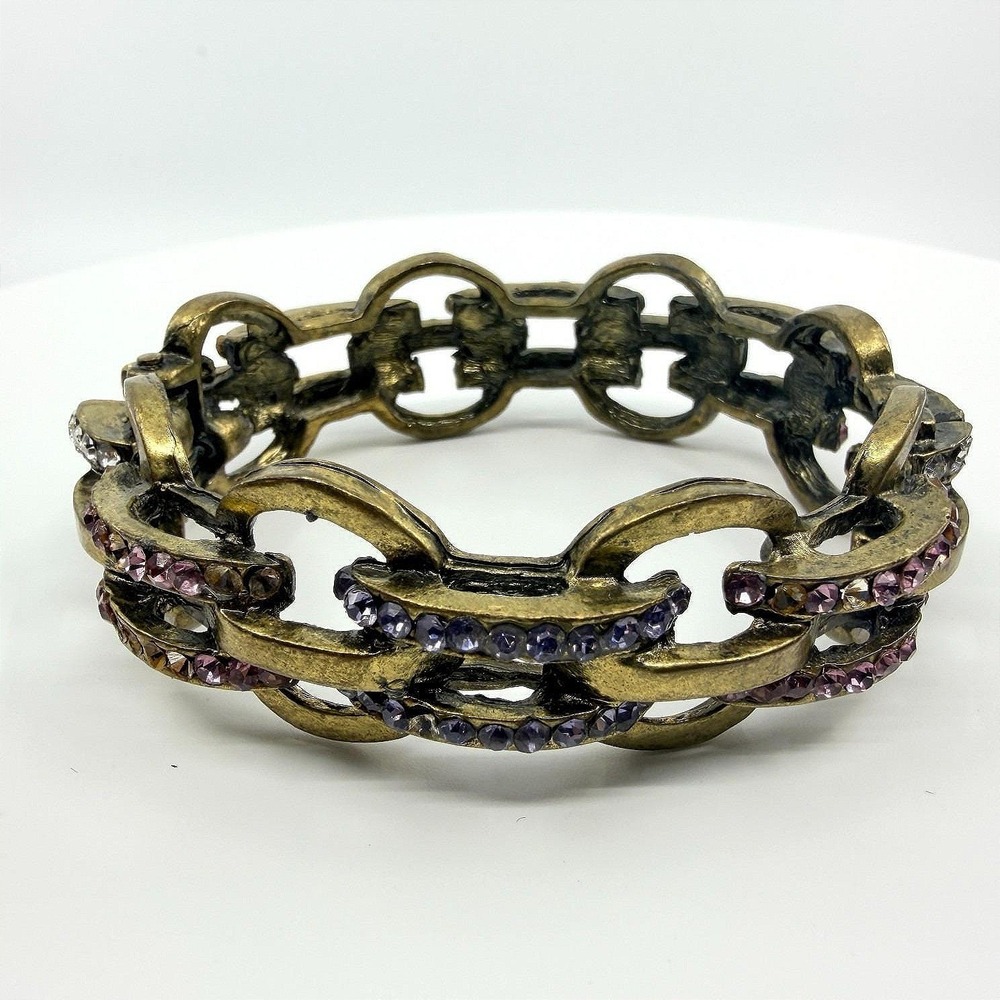 Vintage Gold Tone Purple Rhinestone‎ Gypsy Link Stretch Bracelet Chunky Bold 90s
